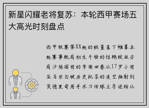 新星闪耀老将复苏：本轮西甲赛场五大高光时刻盘点