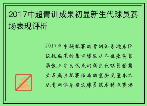2017中超青训成果初显新生代球员赛场表现评析