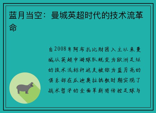蓝月当空：曼城英超时代的技术流革命